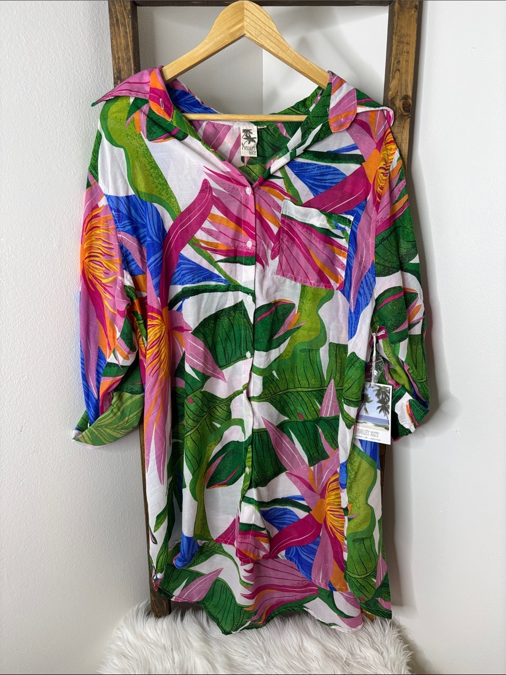 Violet Sky 3X NWT Tropical Floral Button Front Tunic Blouse Roll Tab Sleeve